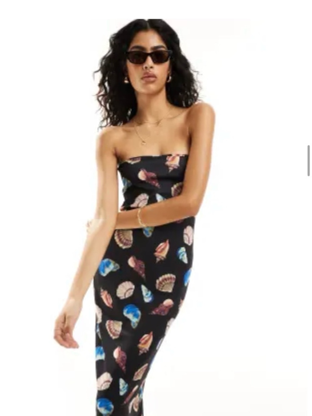 ASOS Black Strapless Midi Dress with Multicolor Shell Print